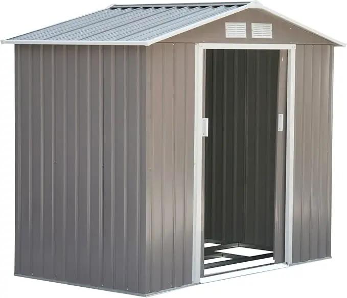 Outsunny 7' x 4' Outdoor Storage Shed, Garden Tool Metal Shed with Foundation Kit, Double Lockable Door, Air Vents and Sloping Roof, for Backyard, Patio, Lawn, Gray by GreenHaven Gardens