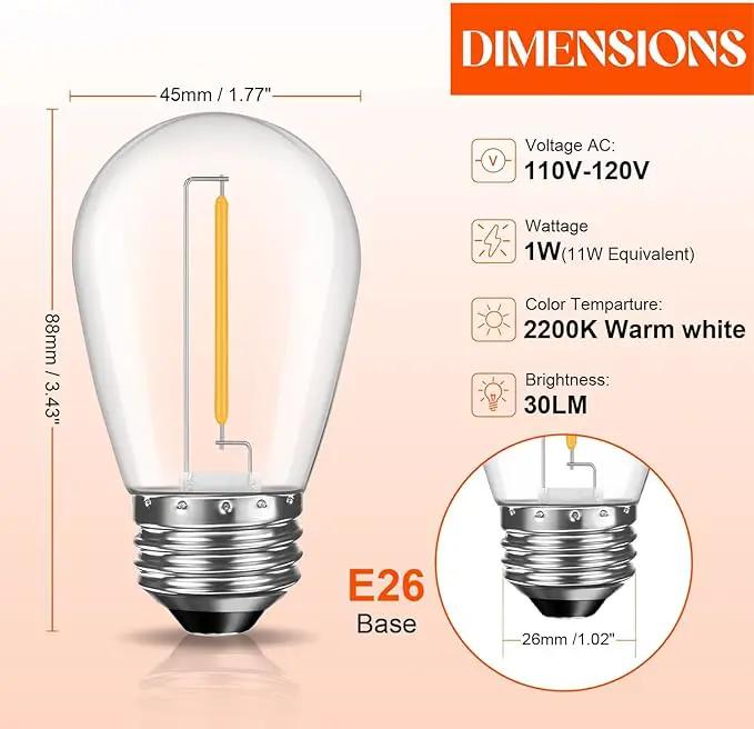 Shatterproof S14 LED Replacement Bulbs for Outdoor String Lights, 15 Pack 1W Equivalent to 11W Incandescent Bulb, Soft White 2200K, Dimmable, E26 Regular Base by GreenHaven Gardens