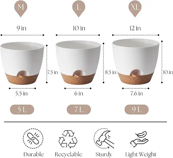 Plant Pots 12/10/9 inch Set of 3, Self Watering Flower Pots Indoor Outdoor, Planters with Drainage Hole Saucer Reservoir, White by GreenHaven Gardens