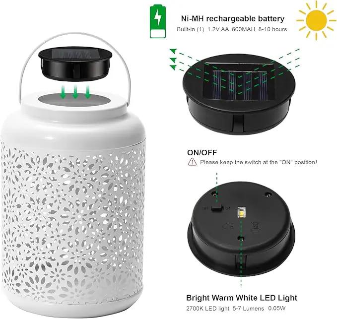 Glitzhome Solar Lantern White Metal Cutout Flower Outdoor Hanging Solar Light with Handle for Garden Patio Yard Outdoor Decor by GreenHaven Gardens