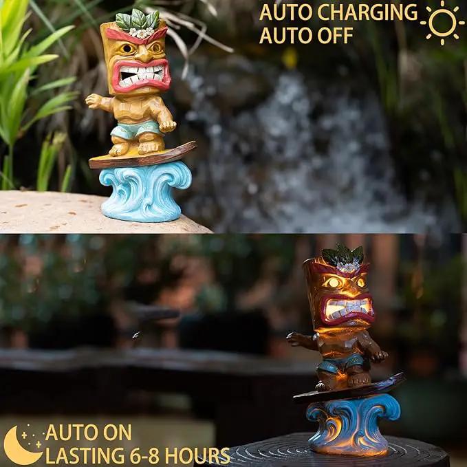 Solar Tiki Statue Outdoor Decor-Tiki Bar Decor-Garden Tiki Surfing Statues Waterproof Decoration Figurine for Tiki Bar,Patio,Balcony,Yard,Lawn,Table,Desk 9.92 Inches Tall by GreenHaven Gardens