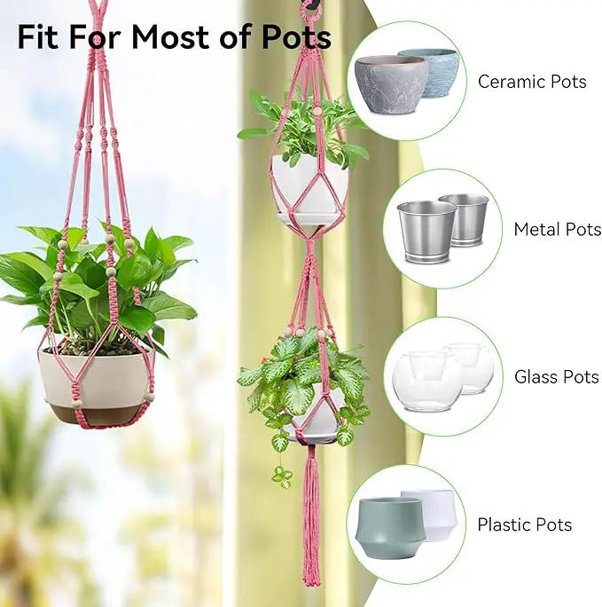 USLAI Macrame Plant Hanger Indoor Outdoor, Up to 4-15 inch Pot, Heavy 20lb Planters, Extra Long Strong Hanging Planter Basket Holder, Boho Home Decor, 35+49 Inch, Pink (POTS NOT Included) by GreenHaven Gardens
