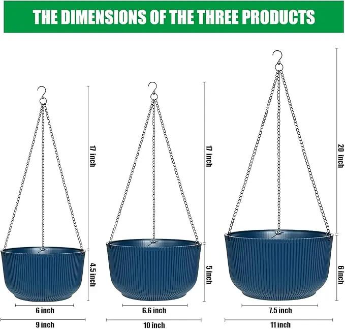 Hanging Planters for Indoor Plants 9/10/11 Inch, 3 Pack Plant Hanger Outdoor with Drainage Holes, Self Watering Hanging Basket Flower Pot for Garden Home Decor, Dark Blue by GreenHaven Gardens