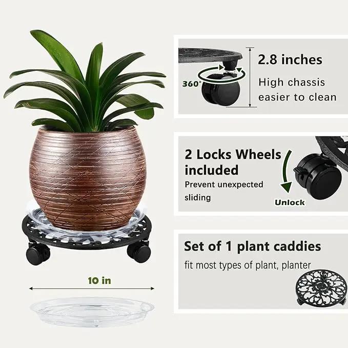 11 Inch Rolling Plant Stand with Wheels Wrought Iron Rolling Plant Stand with Casters Heavy Duty for Indoor Plants Rollers with Plant Saucers, Metal Round Plant Dolly 1 Pack by GreenHaven Gardens