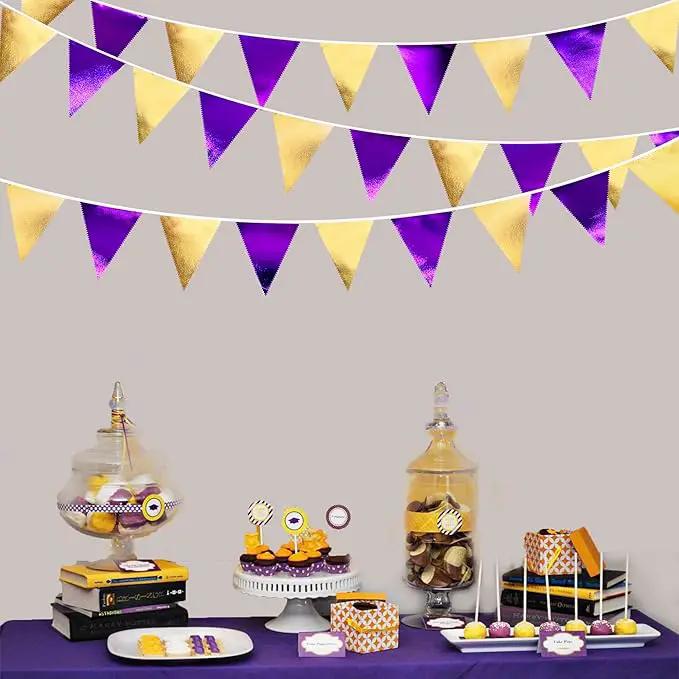 Purple and Gold Party Decorations Metallic Fabric Triangle Pennant Banner Flag Bunting Garland for Graduations Birthday Retirement Wedding Baby Shower Bachelorette Halloween Outdoor Party Supplies by GreenHaven Gardens