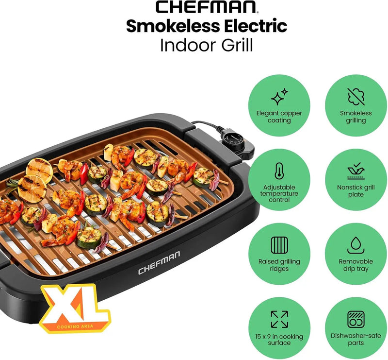 Chefman Smokeless Indoor Electric Grill, Copper, Extra Large, Nonstick Table Top Grill for Indoor Grilling and BBQ with Adjustable Temperature Control, Nonstick Dishwasher-Safe Parts, 9" x 15" by GreenHaven Gardens