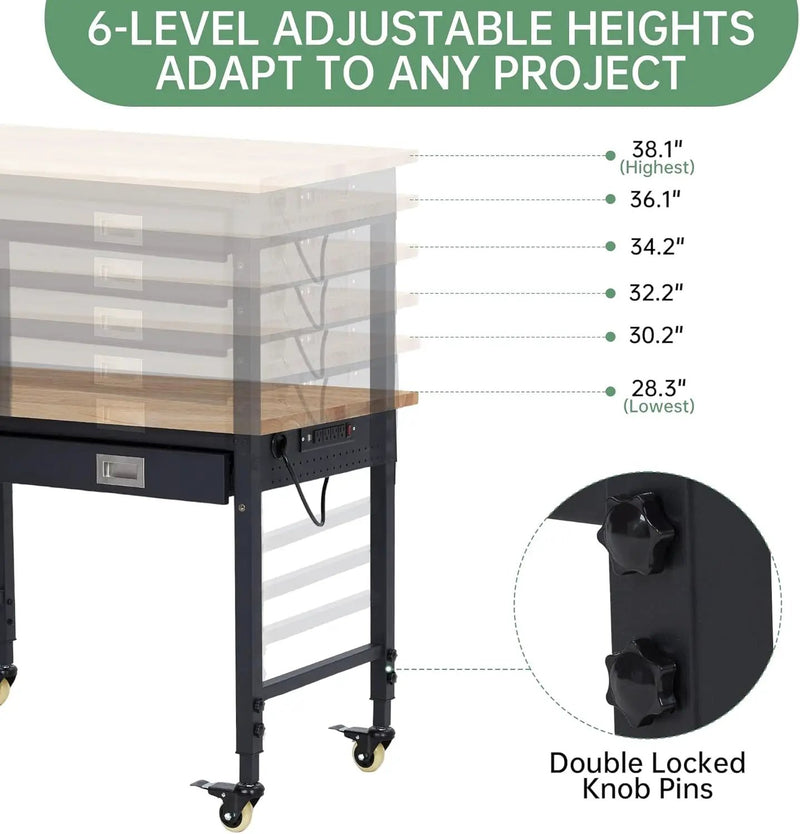 48'' Adjustable Workbench, Heavy Duty Workbench with Drawer and Backplate, 2000 LBS Capacity Work Table with Power Outlet and Lockable Wheels, Suitable for Office, Garage, Workshop by GreenHaven Gardens