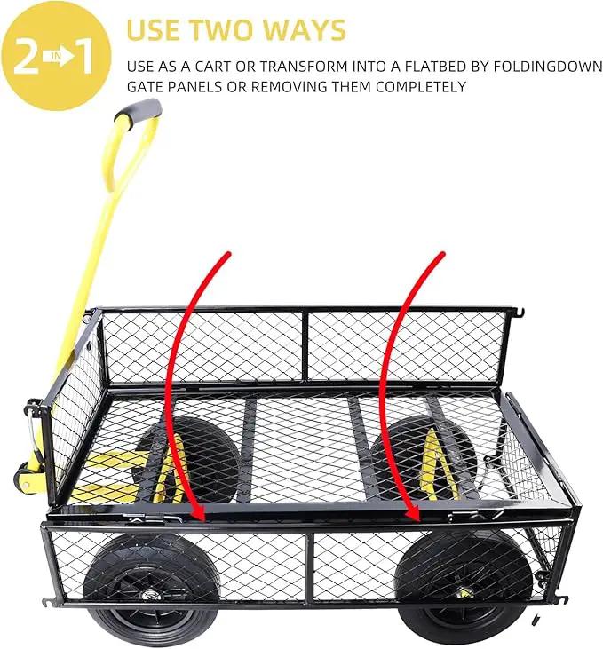 Heavy Duty 480 Lbs Capacity Mesh Steel Garden Cart Folding Utility Wagon with Removable Sides (Black+Yellow) by GreenHaven Gardens