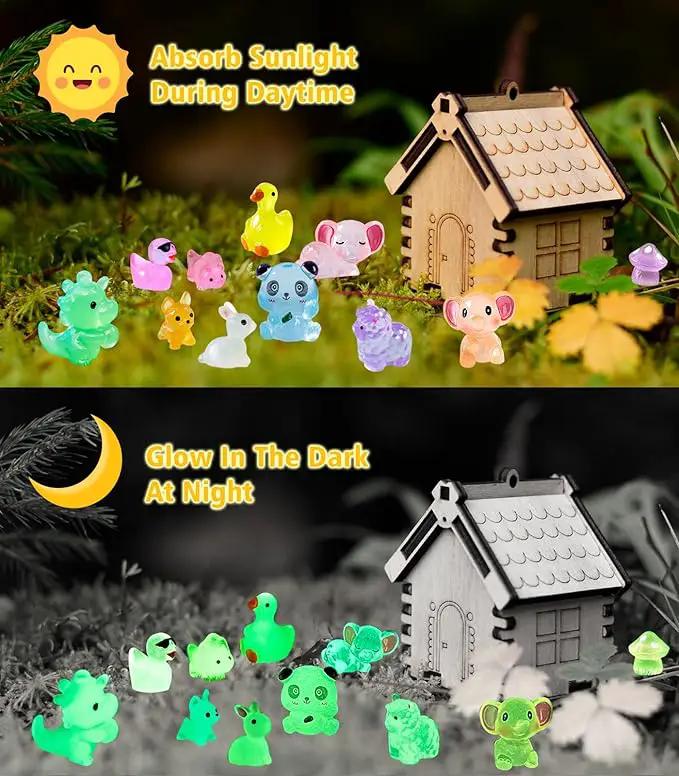 120 Pack Various Luminous Mini Resin Animals, Mini Ducks Dinosaurs Tiny Frogs Pandas Small Mushroom Miniature Figurines Glow in The Dark for DIY Garden Micro Landscape Aquarium Potted Decor by GreenHaven Gardens