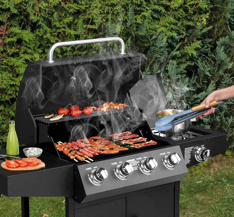 ROVSUN 4-Burner Propane Gas BBQ Grill with Side Burner & Enameled Cast Iron Grates, 58,000 BTU Barbecue Grill with Wheels for Outdoor Patio Backyard Cooking Grilling, Black by GreenHaven Gardens