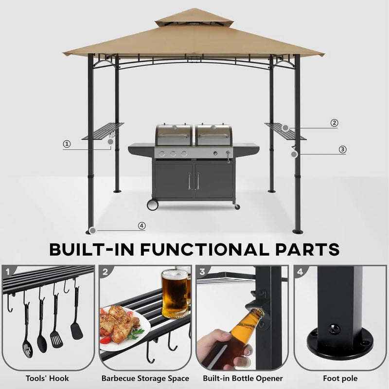 COOSHADE 8'x 5' Grill Gazebo Double Tiered Outdoor BBQ Gazebo Canopy with LED Light (Khaki) by GreenHaven Gardens