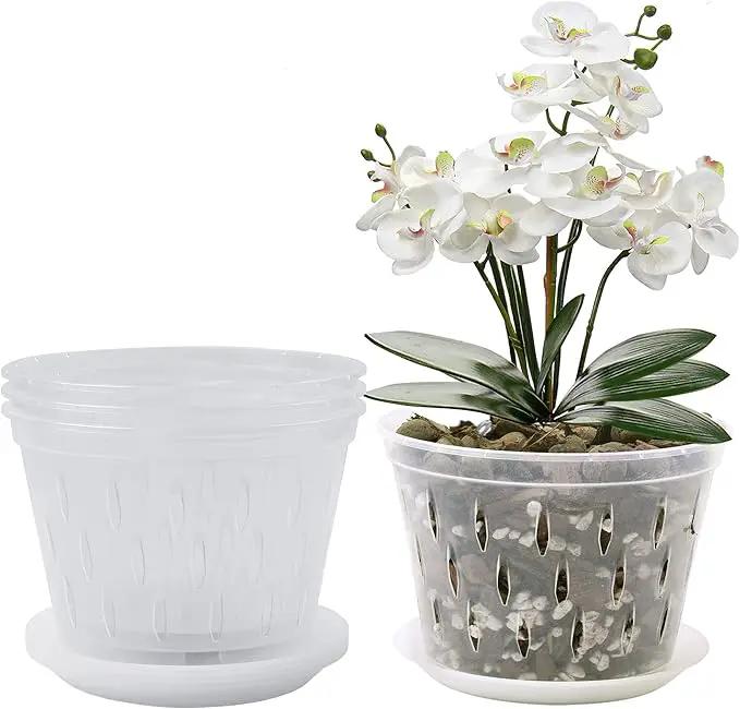 Orchid Pot, 8 Inch 4 Pack Orchid Pots with Holes and Saucers, Clear Plastic Orchid Pots by GreenHaven Gardens