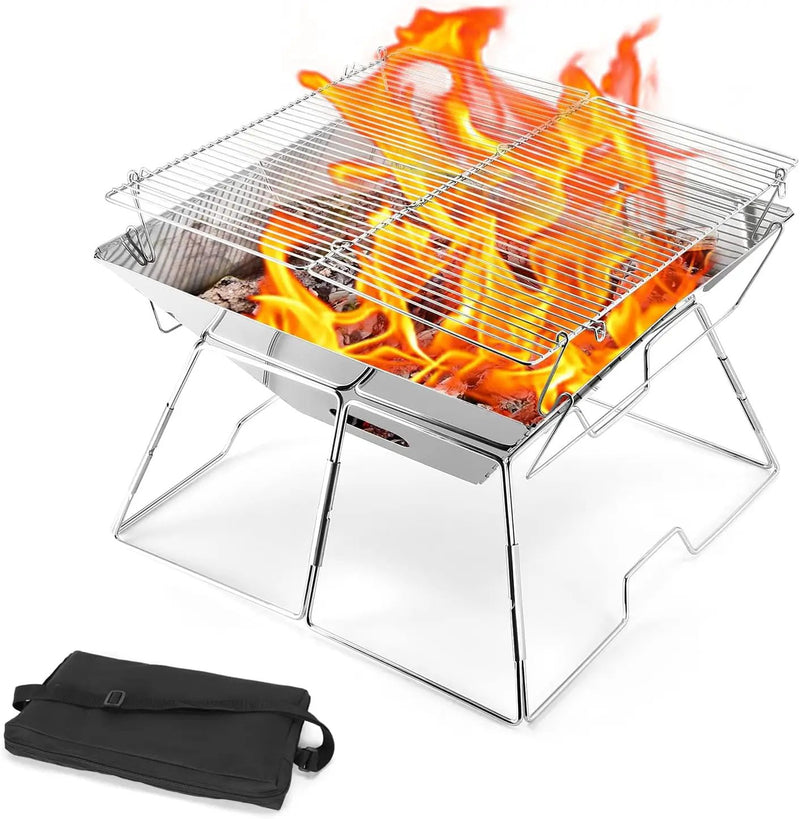 Odoland Folding Campfire Grill, 304 Stainless Steel Grate Barbeque Grill, Portable Camping Grill with Legs for Picnics, Backpacking, Outdoor with Carrying Bag and Kitchen Tongs by GreenHaven Gardens