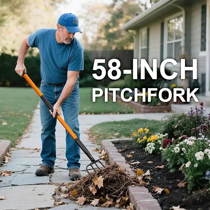 5 Tine Pitchfork for Gardening, Heavy Duty Pitchfork with Fiberglass Handle, Garden Fork for Mulching, 58 Inches by GreenHaven Gardens