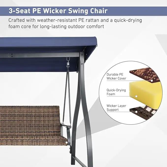 BPS 3 Seat Outdoor Porch Swing with Adjustable Canopy, PE Wicker Patio Swing Chair with Quick-Drying Foam Seat, 882 LBS Capacity, Proch Swings for Deck, Backyard, and Lawn, Dark Blue by GreenHaven Gardens