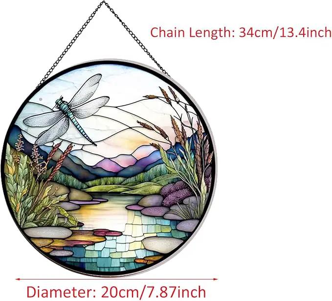 River and Dragonfly Pattern Suncatcher Stained Glass,Hanging Stained Glass for Windows,20cm/7.87inch Hand-Painted Sun Catcher Garden Hangings Painted Glass Panel Decor Themed Gift by GreenHaven Gardens