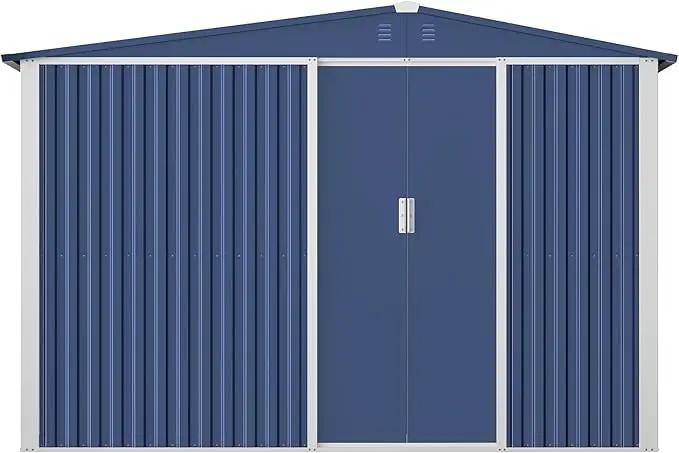 Metal Outdoor Storage Shed 10FT x 6FT with Firewood Storage, Steel Utility Tool Shed Storage House with Sliding Door, Metal Sheds Outdoor Storage for Backyard Garden Patio Lawn, Blue by GreenHaven Gardens