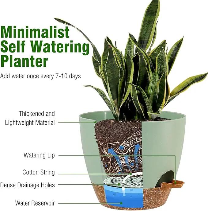 10/9/8 inch Self Watering Pots, Set of 3 Plastic Planters with Mesh Drainage Holes and Deep Reservoir for Indoor Outdoor Garden Plants and Flowers, Green with Brown by GreenHaven Gardens
