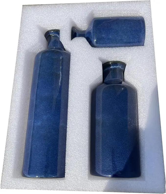 Blue Ceramic Vase Set of 3,Home Decorative Flower Vase,Small vase Set for Farmhouse Living Room Bedroom Tabletop Decor,Office Bookshelf Centerpiece Entrance Decoration by GreenHaven Gardens