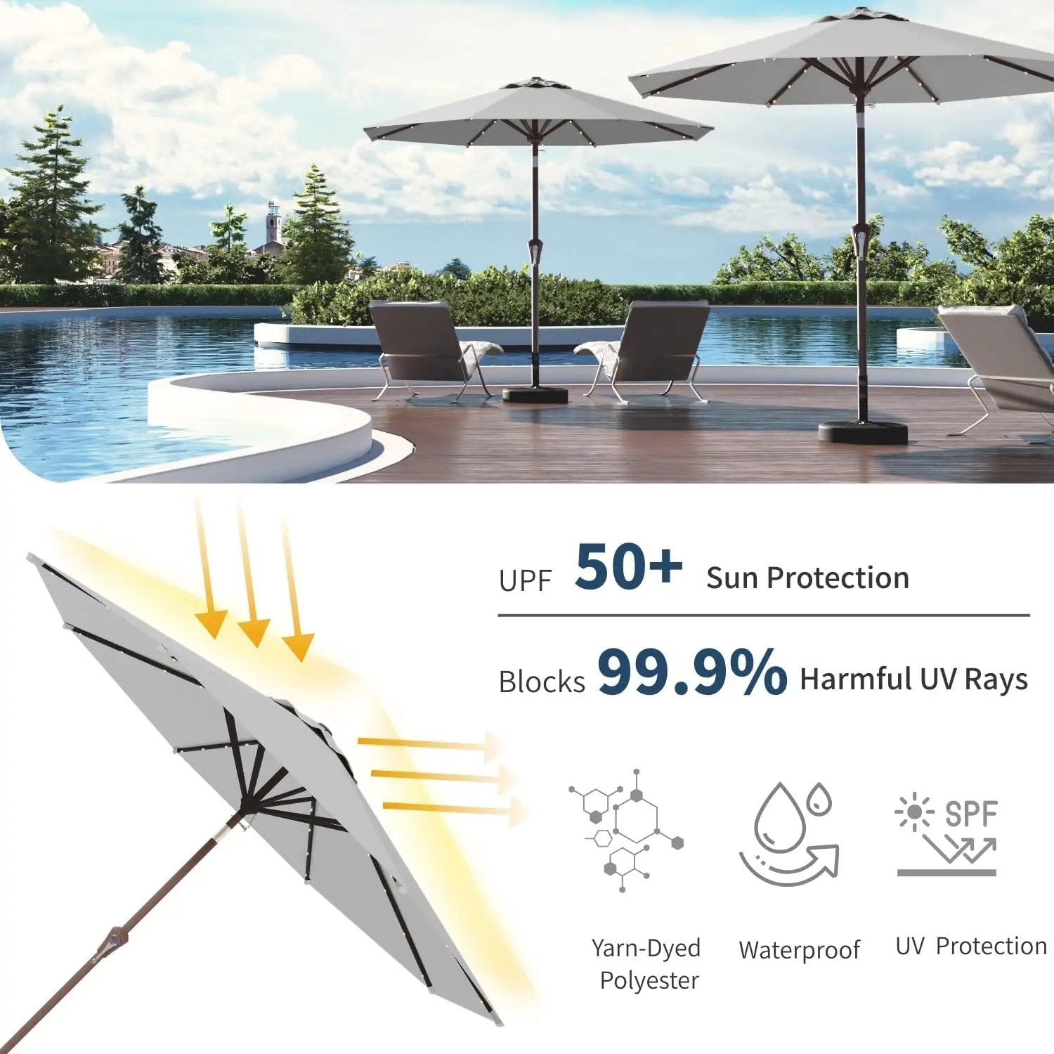 10FT Solar Umbrella 32 LED Lighted Patio Umbrella Table Market Umbrella w/Tilt and Crank, UV-Resistant Outdoor Umbrella for Pool, Garden, Deck, Light Gray by GreenHaven Gardens