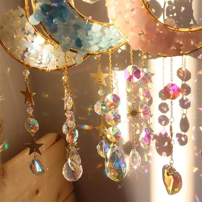 Crystal Suncatcher Hanging Moon Sun Light Catcher with Glass Prisms for Window Natural White Spar Crystal Decor Home Indoor Making Rainbows by GreenHaven Gardens