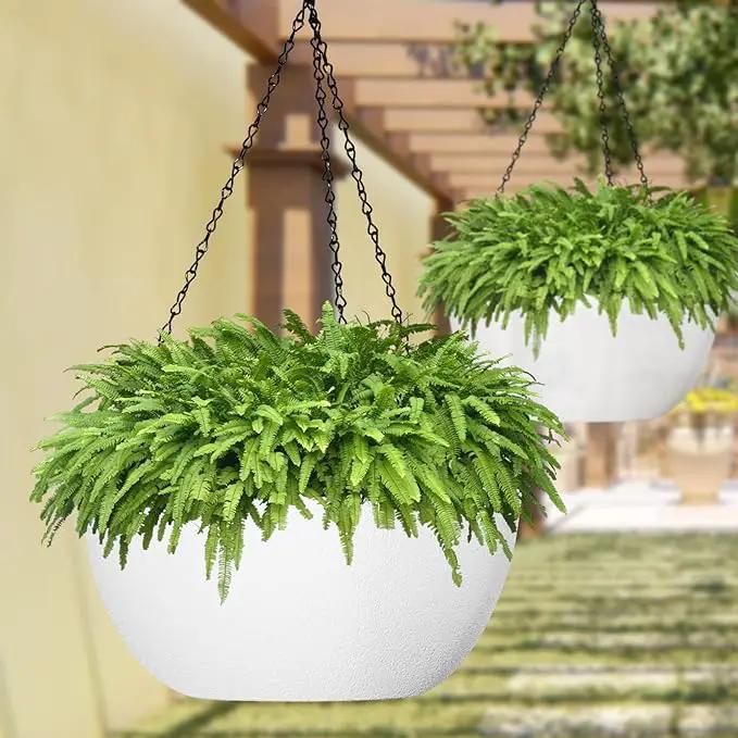 WOUSIWER 13 inch 2Pack Large Hanging Planters for Outdoor Indoor Plants with Drainage Holes and Chain, Round Hanging Flower Pots for Garden Home Porch Decor, White by GreenHaven Gardens