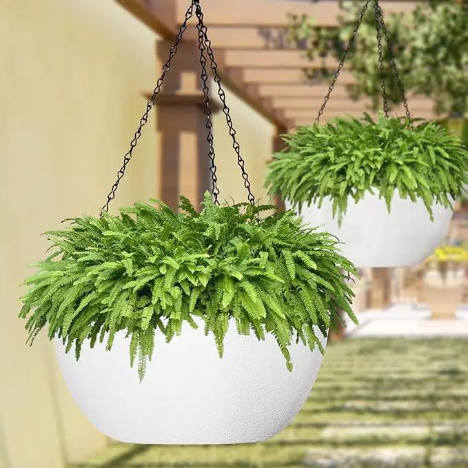 WOUSIWER 13 inch 2Pack Large Hanging Planters for Outdoor Indoor Plants with Drainage Holes and Chain, Round Hanging Flower Pots for Garden Home Porch Decor, White by GreenHaven Gardens
