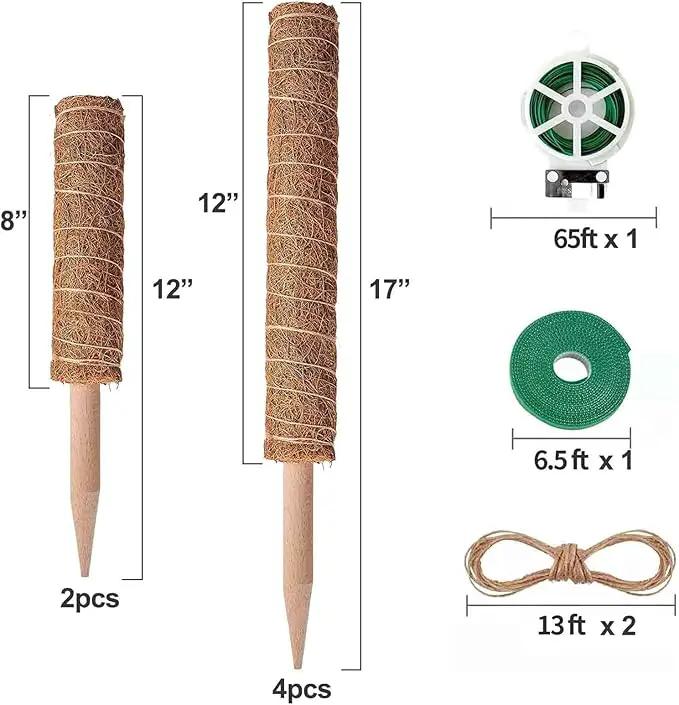 6 Pcs Moss Pole Extending to 68 Inches for Plants Monstera, Plant Support Stakes for Indoor Climbing Plants Grow Upwards, with 65ft Twist Ties, 13ft Jute Rope, 6.5ft Hook-and-Loop Strip by GreenHaven Gardens