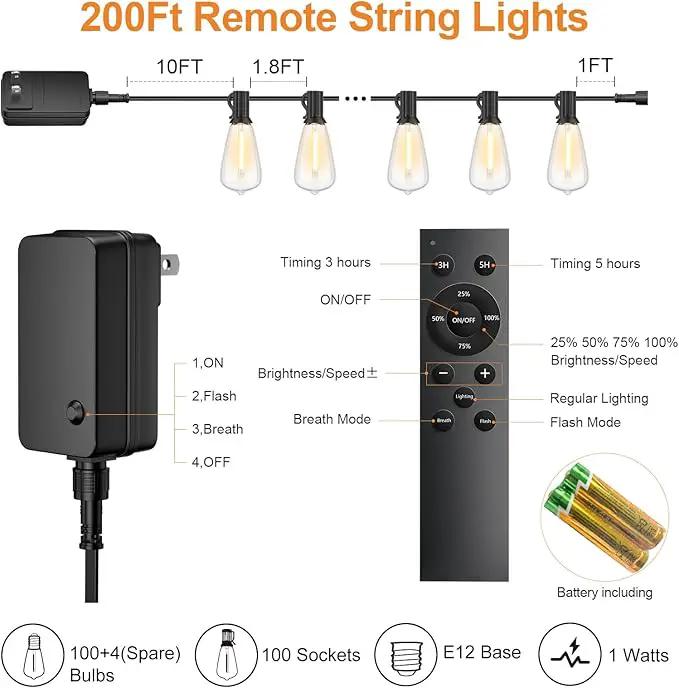 200FT Outdoor String Lights with Remote, Garden Patio Decor with 2500K Warm White, 100+4 LED Edison Bulbs, Support Timer Dimmable Waterproof for Yard Outside Porch Deck Backyard by GreenHaven Gardens