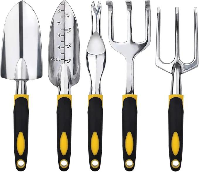 FEBSNOW Garden Tool Set - 5 Pieces Heavy Duty Gardening Hand Tools Kit Include Garden Trowel, Garden Rake, Spade Shovel, Weeder, Cultivator for Men, Women by GreenHaven Gardens