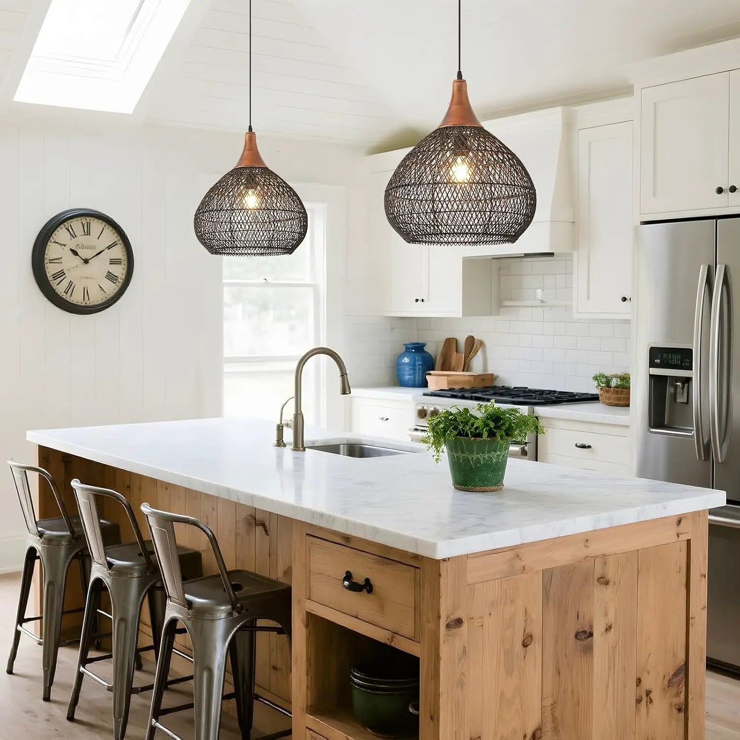Black Rattan Pendant Light, 15.7" Rattan Chandelier Hand-Woven Wicker Pendant Light Fixtures with Solid Wood, Basket Hanging Lighting for Dining Room Kitchen Island Living Room by GreenHaven Gardens