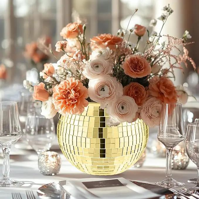 2 Pcs Disco Ball Vase,5 x 6 Inch Mirrored Disco Ball Planter,Disco Ball Candle Holders Perfect Disco Decorative Planters for Living Room Bedroom Table Wedding Party Birthday(Gold) by GreenHaven Gardens