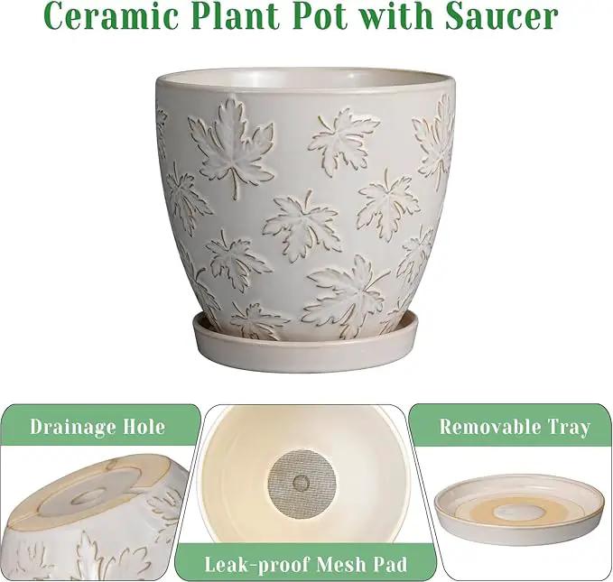 Ceramic Pots for Plants - 8 Inch Plant Pot with Drainage Hole and Saucer Large Planter Pot for Indoor Plants Outdoor Modern Flower Pot Home Decor White by GreenHaven Gardens
