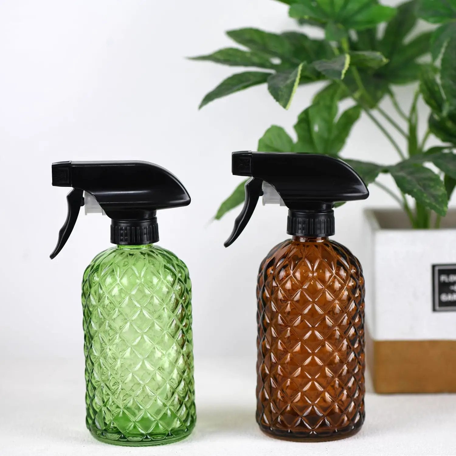 12Oz Glass Plant Spray Bottle, Gem Pattern Glass Sprayer, Watering Can with Black Plastic Top Pump, Handheld Watering Can for Indoor Outdoor Potted Plants and Greenery (Amber) by GreenHaven Gardens