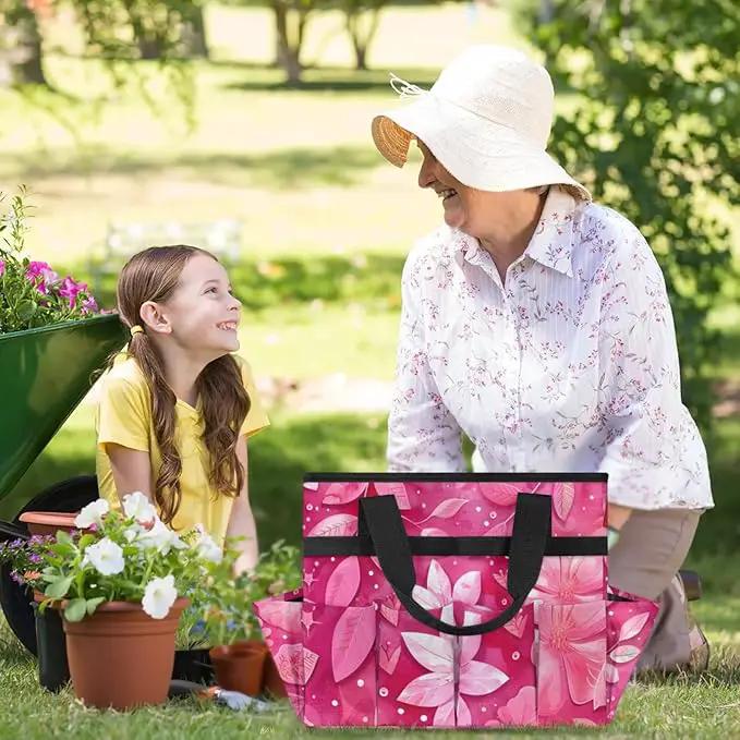 Rose Red flower Gardening Tool Bag,Heavy Duty Garden Tote Bag,Portable Oxford Gardening Storage Basket Organizer Handbag with Pockets Handle,Hand Tools Gifts for Outdoor Garden Lawn by GreenHaven Gardens