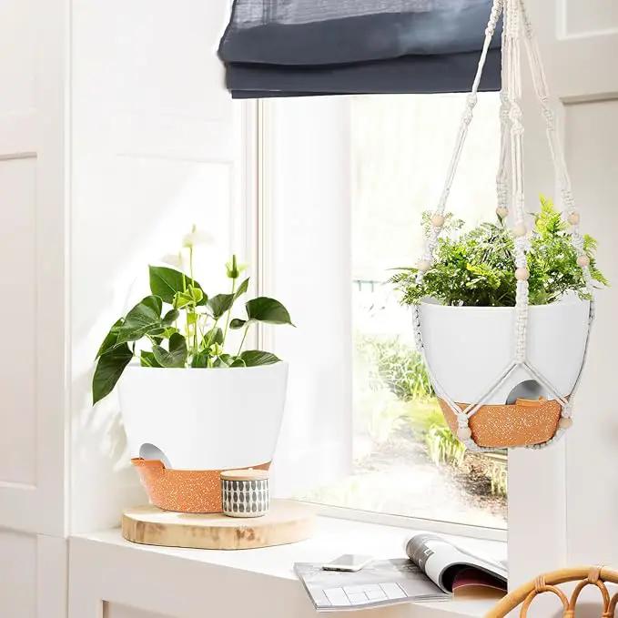 GARDIFE 10 Inch Hanging Planters with Macrame Plant Hanger for Indoor and Outdoor Plants, 2 Pack Large Self Watering Hanging Plant Pot with Basket Flower Pot with Drainage Hole, White