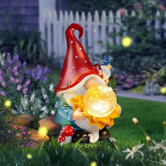 Solar Garden Decor Gnome Statues with Sunflower and Crackle Glass Globe Lights Gnome Outdoor Decorations for Garden Yard Patio Lawn, Unique Housewarming Gifts by GreenHaven Gardens