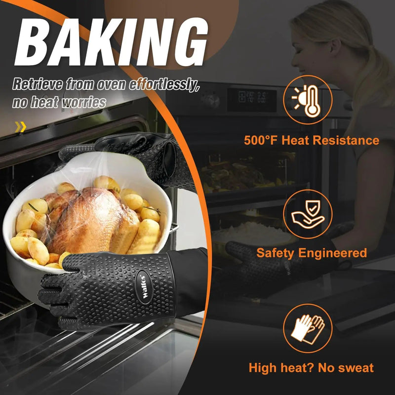 Walfos Silicone BBQ Gloves - Heat Resistant Grilling Gloves, Premium Non-Slip Kitchen Silicone Oven Mitt With Protective Cotton Layer Inside, Waterproof, Great for Grilling, Kitchen and Cooking, Black by GreenHaven Gardens
