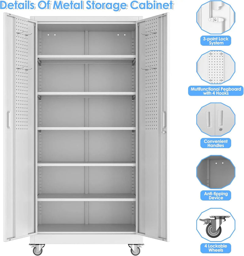 Metal Garage Storage Cabinet with Wheels & Pegboard, Lockable Metal Storage Cabinets with 2 Doors&5 Adjustable Shelves for Garage&Home,Assembly Required,White 71''H x32''W x16''D by GreenHaven Gardens