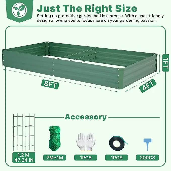 ONCEMORE Galvanized Raised Garden Bed for Vegetables Flowers Herbs, Metal Raised Garden Bed Kit with 2 PCS Tomato Cage, Gloves, Trellis Netting, Plant Labels, Plant Ties, Green 8×4×1FT by GreenHaven Gardens