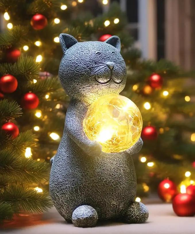 Solar Cat Statue Garden Decor - Cat Lover Gifts, with Gazing Solar LED Lights Ball Cat Decoration for Garden Yard Patio Lawn Balcony - Gifts for Mom Grandma (Gray Cat) by GreenHaven Gardens