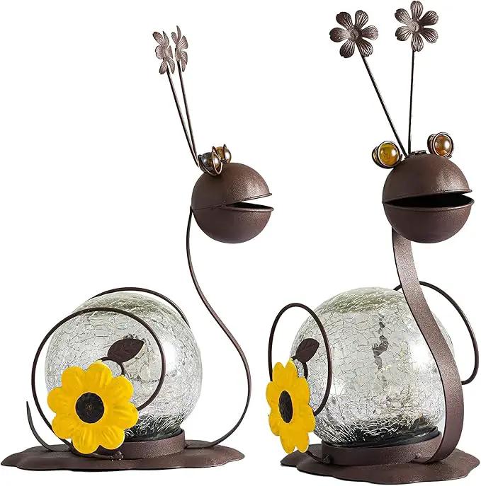 Solar Snail Garden Lights - 2 Pack Cracked Glass, Warm White Metal, Waterproof for Patio Yard Lawn by GreenHaven Gardens