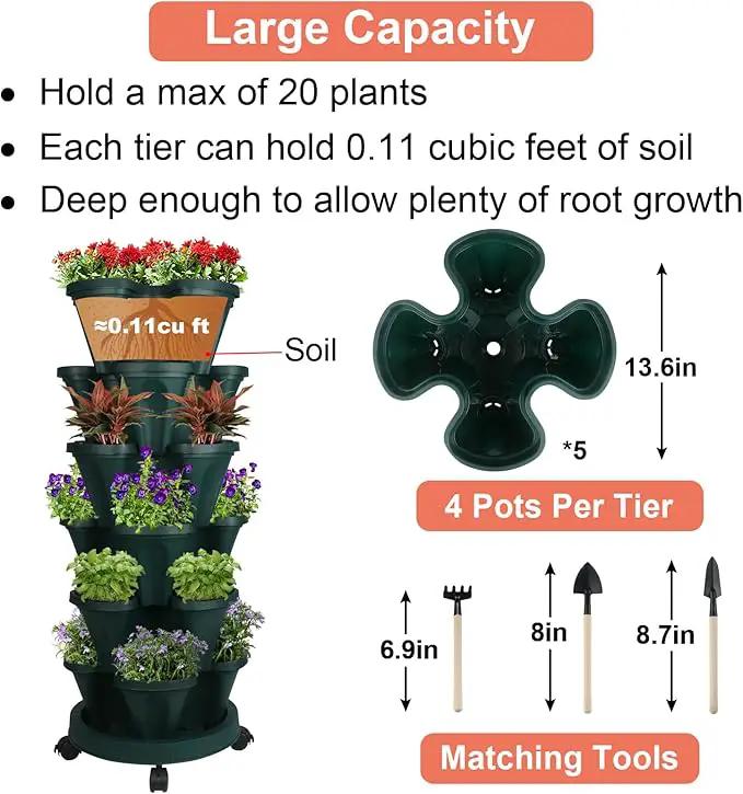 Vertical Planter 6 Tier Stackable Planters Garden Planters Strawberry Herb Flower and Vegetable Planter Indoor Outdoor Gardening Pots with Removable Wheels and Tools by GreenHaven Gardens