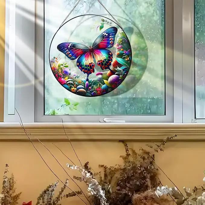 RIVEENY Butterfly Stained Glass Window Hangings, 8" Monarch Butterfly Hanging Stained Glass for Windows, Sun Catcher Garden Hangings Christmas Mother's Day, Valentine's Day Ornaments Festival Gift by GreenHaven Gardens