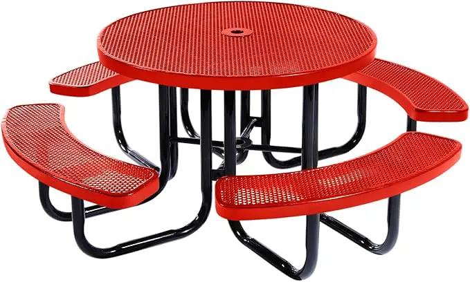 Coated Outdoor Furniture Heavy-Duty Portable Outdoor Picnic Table with Umbrella Hole, Punched Steel Commercial-Grade Patio Dining Furniture Made in America (46" Round Top, Red) by GreenHaven Gardens