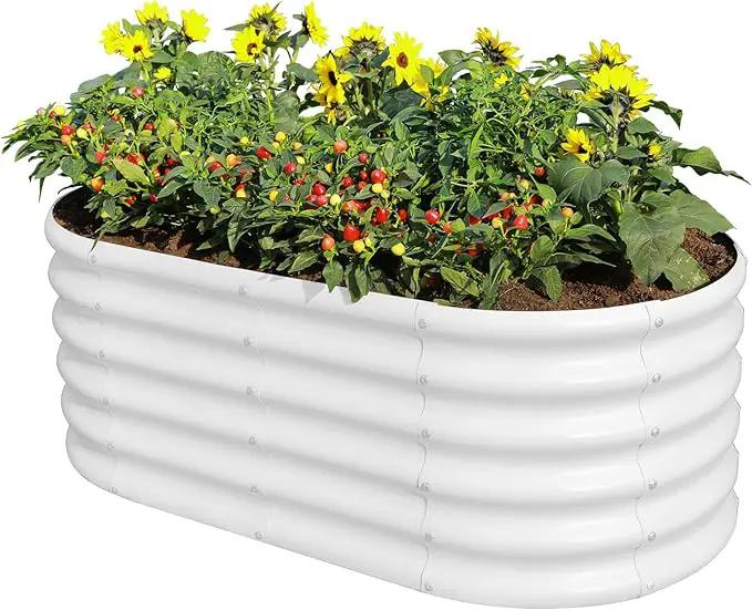 Land Guard 18“ Tall 4×2ft Galvanized Raised Garden Bed Kit, Galvanized Planter Garden Boxes Outdoor, Oval Large Metal Raised Garden Bed for Vegetables……… (Pearl White, 4×2×1.5ft) by GreenHaven Gardens