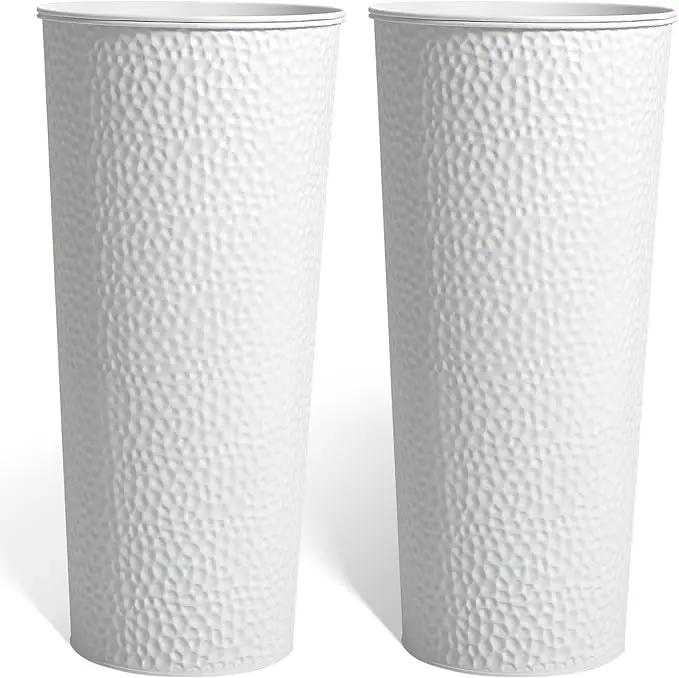 KOL 25" H. Metal Hand-Hammered Planters with Inner Pots 2-Pack, White Decor Planter for Deck, Patio, Porch - Galvanized Steel Handcrafted Flower Pot - w/Water Level Indicator - Indoor Outdoor Use by GreenHaven Gardens