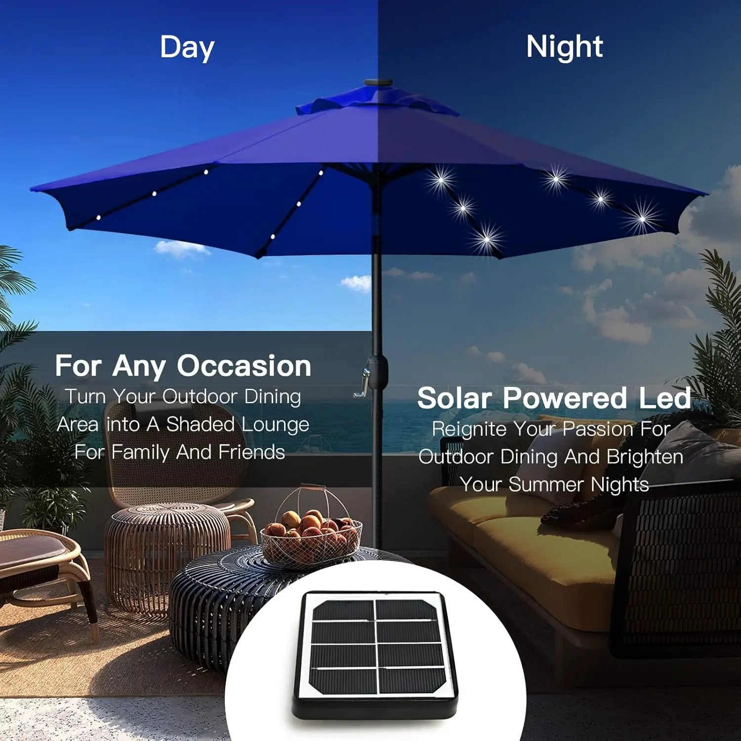 Sunnyglade 9' Solar LED Lighted Patio Umbrella with 8 Ribs/Tilt Adjustment and Crank Lift System (Navy Blue) by GreenHaven Gardens