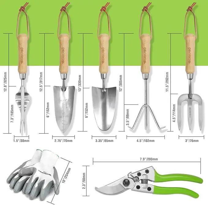 WORKPRO Garden Tools Set, 8 Piece, Stainless Steel Heavy Duty Gardening Tools with Wooden Handle, Including Garden Tote, Gloves, Trowel, Hand Weeder, Cultivator and More-Gardening Gifts For Women Men by GreenHaven Gardens