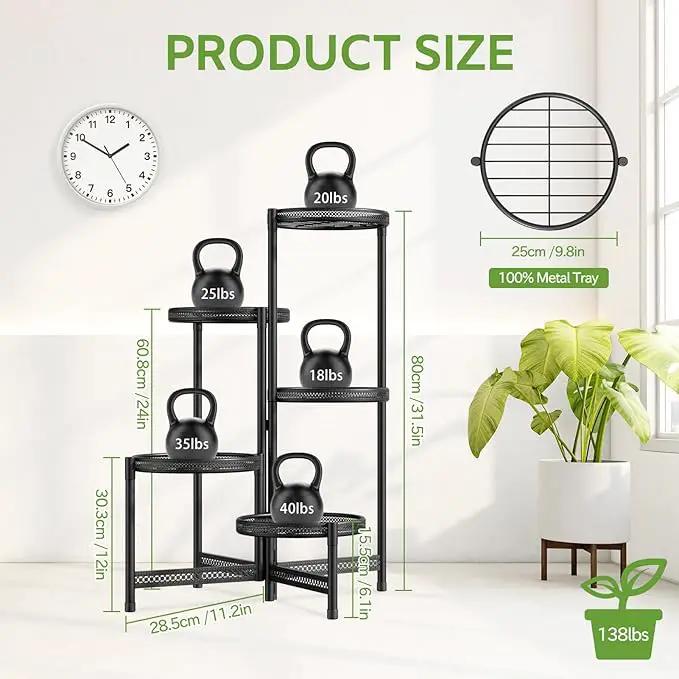 iDavosic.ly 5 Tier Large Plant Stand Indoor with 10-Inch Wide Drainage Tray, Tiered Corner Metal Outdoor Flower Display Holder Shelf, Folding Tall Rack for Patio Porch Balcony, Black Iron Carving by GreenHaven Gardens